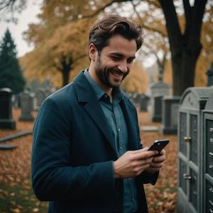 man with phone in cemetery