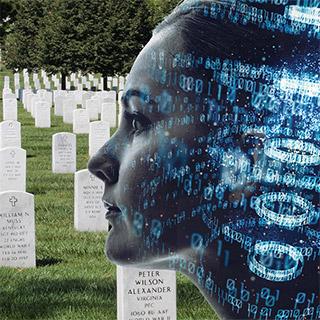 collage: cemetery and digital face